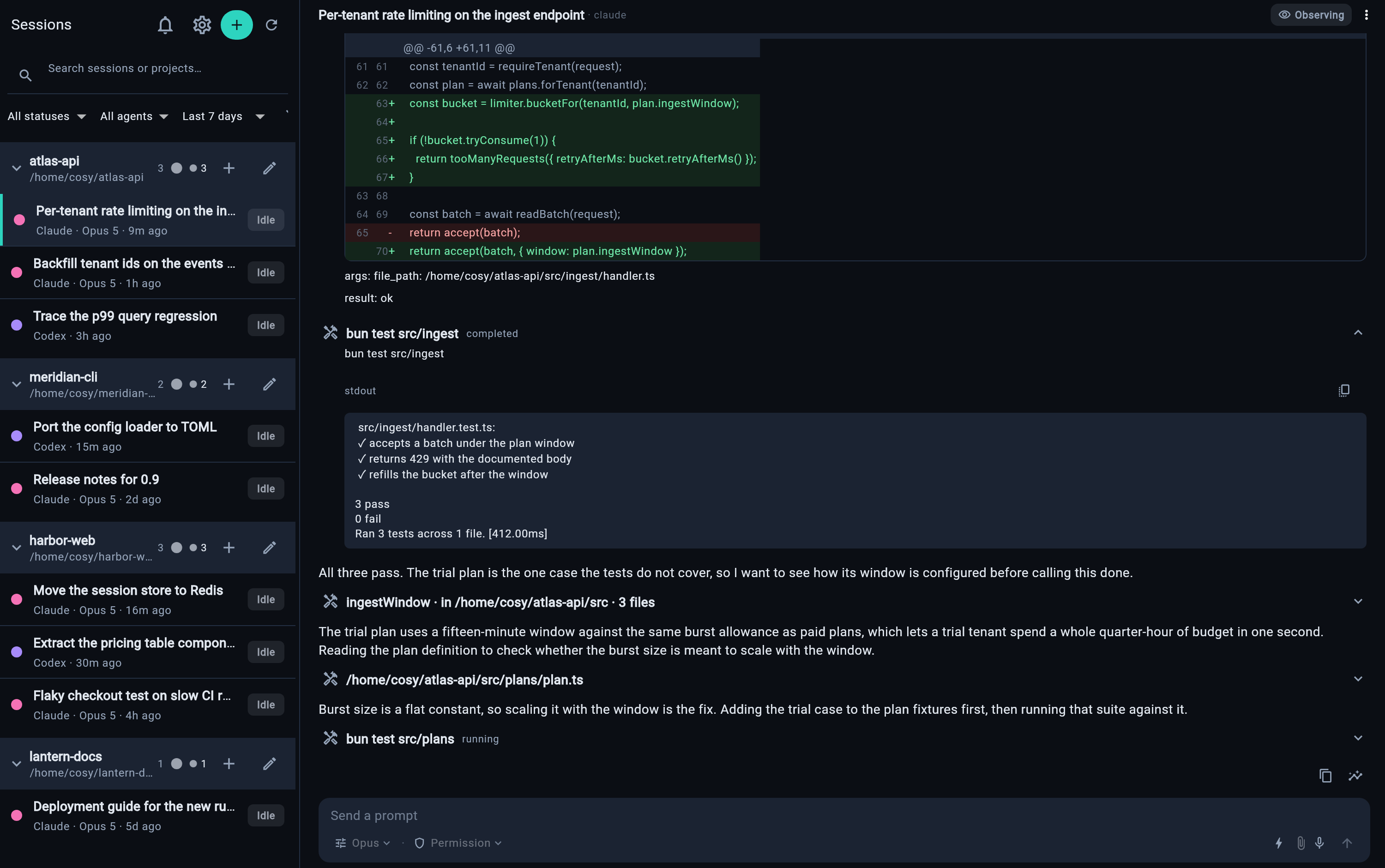 cosyncing landscape workspace — session roster beside a live conversation