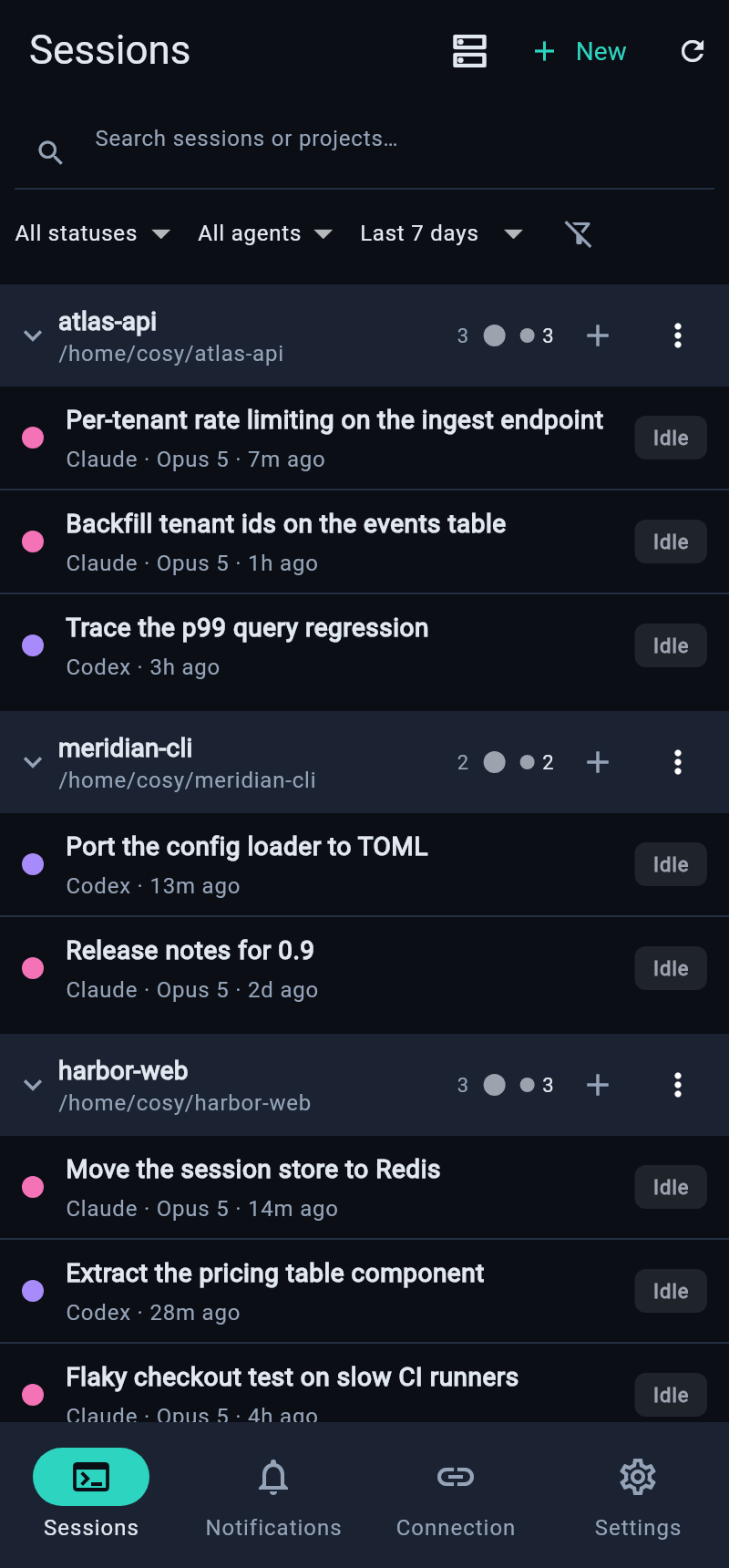 cosyncing session roster on a phone — sessions grouped by project with live status