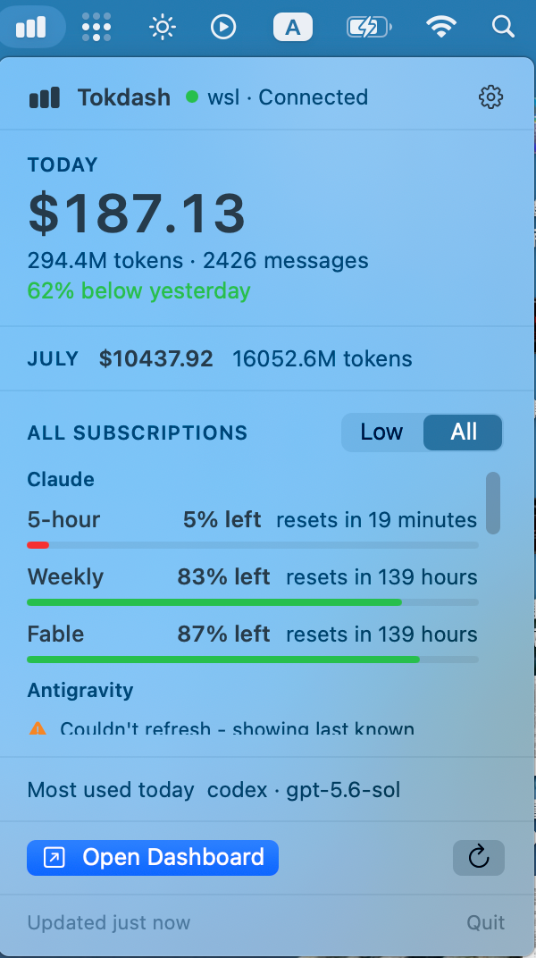 Tokdash Companion in the macOS menu bar — today's cost, month to date, and subscription quota bars