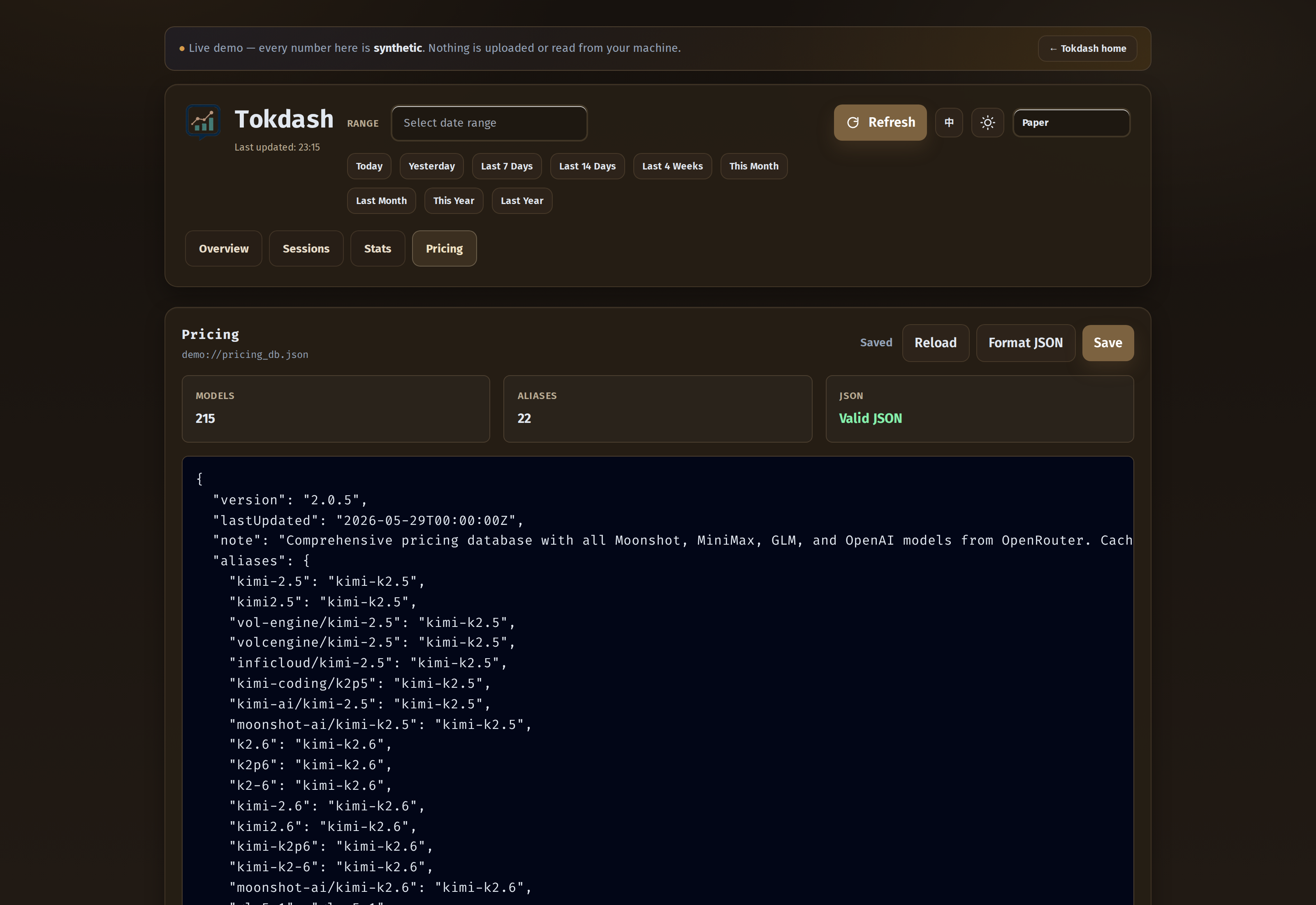 Tokdash Pricing tab — the local pricing database the cost calculations are built on