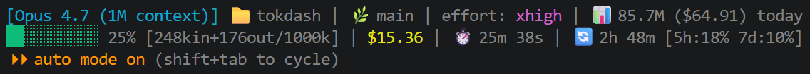 Tokdash statusline integration — live token counter in Claude Code's terminal UI